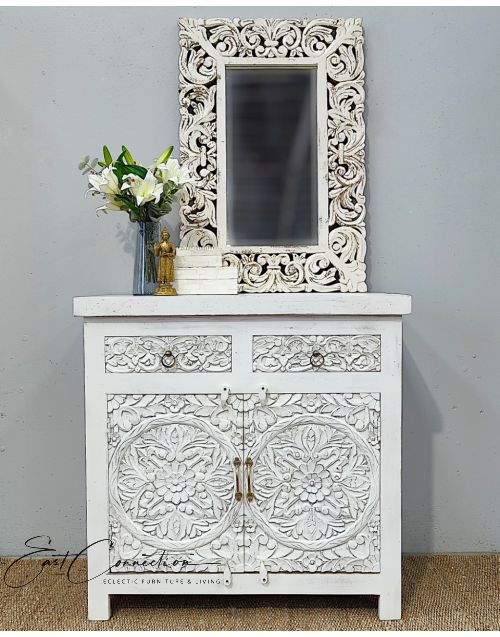 White French Provincial Floral Mandala Sideboard Cabinet with drawers