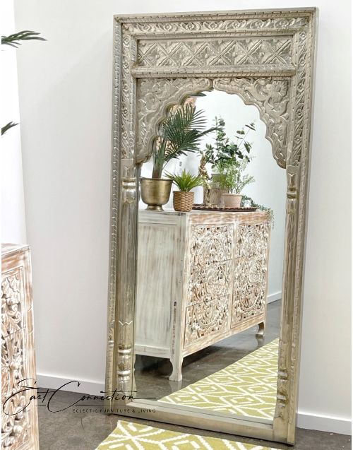 Hand Carved Timber & White Metal Mehrab Full Length Wall Mirror