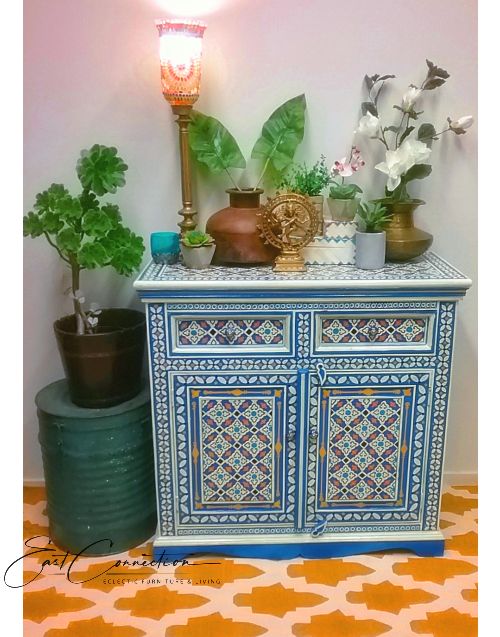 Blue Hand Painted Moroccan Geometric Pattern Sideboard Cabinet