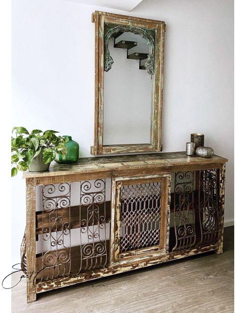 Handcarved Reclaimed Antique Timber Wrought Iron Drinks Bar