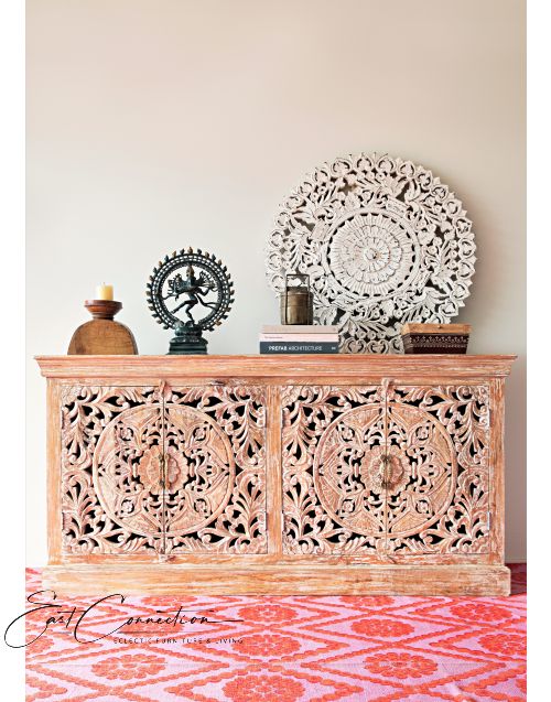 Distressed French Provincial Floral Mandala Carved Sideboard