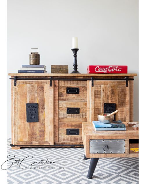 Vintage Industrial Timber Sliding Door Sideboard Cabinet