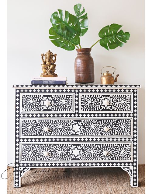 Black Genuine Bone Inlay Chest of Drawers Sideboard