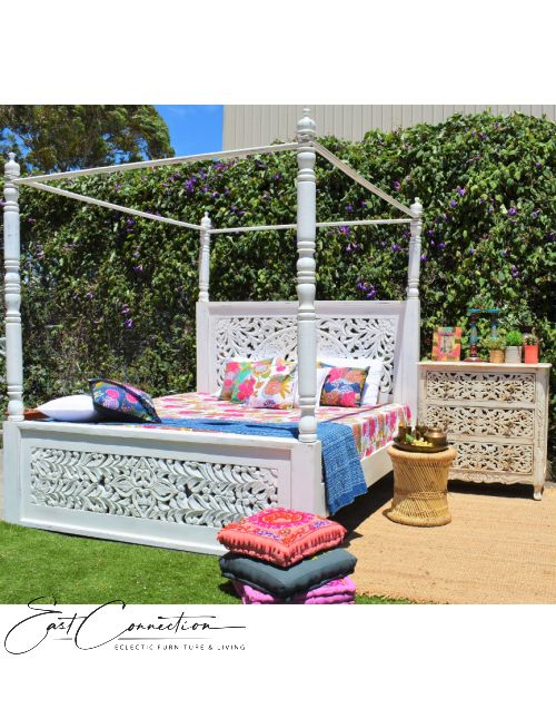 White Shabby Chic Hand Carved Four Poster Bed - King Size
