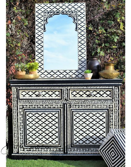 Black Geometric Indian Hand Painted Bone Inlay Sideboard