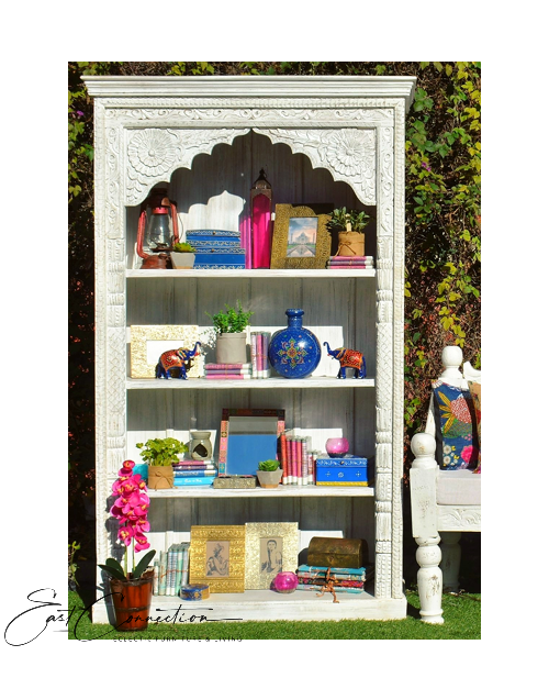 Antique Timber Mehrab White Shabby Chic Hand Carved Bookshelf