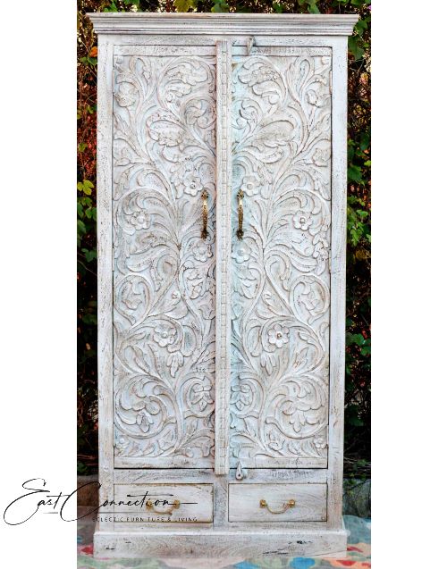 Shabby Chic Carved Antique Grey Sandblasted Wardrobe