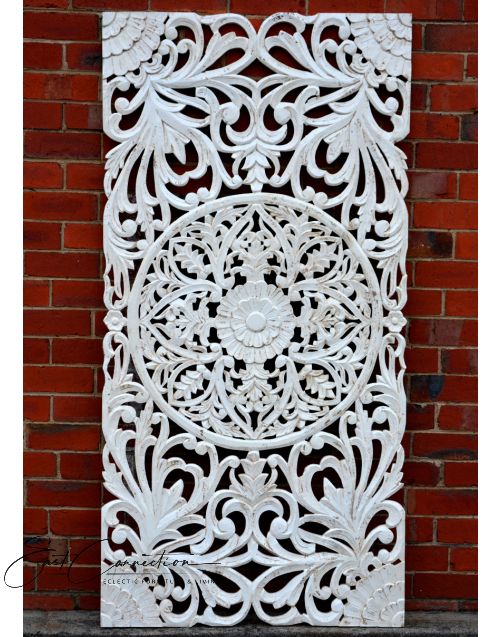 Antique Timber Bright White Hand Carved Bedhead Wall Art