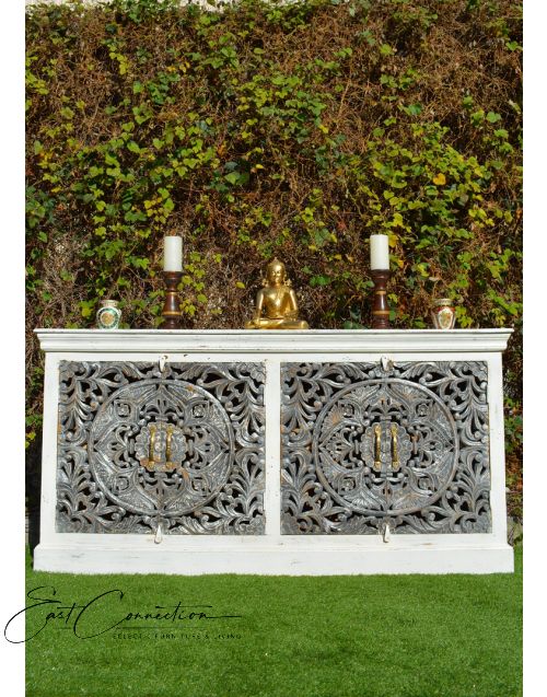 White French Provincial Grey Floral Mandala Carved Sideboard