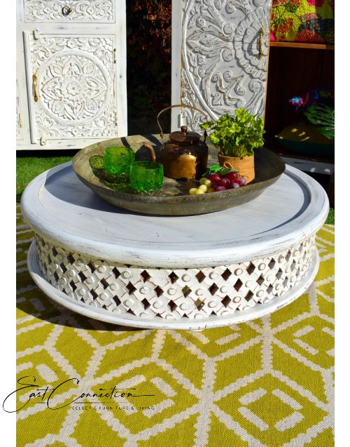 Hand Carved Timber White Bamileke Low Coffee Table