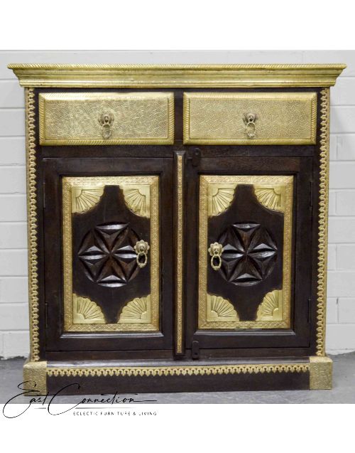 Indian Carved Timber & Brass Sideboard Cabinet