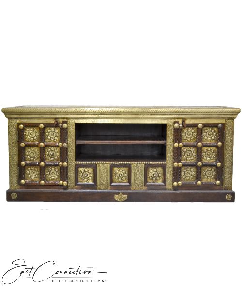 Indian Embossed Brass Timber Entertainment Unit