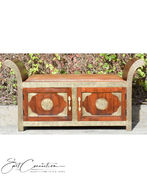 Indian Teak Embossed Brass Leather Top Roman Seat