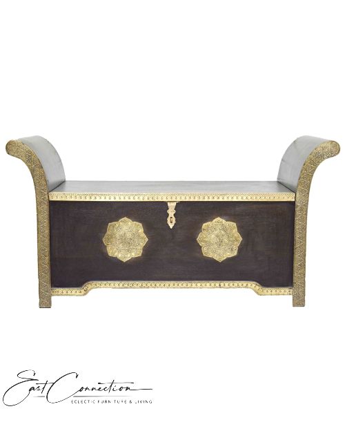 Indian Teak Moroccan Embossed Brass Roman Seat
