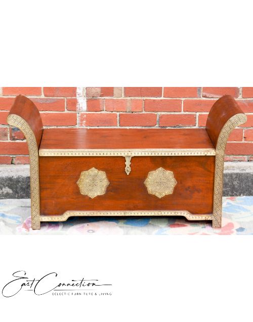 Indian Teak Embossed Brass Storage Roman Seat