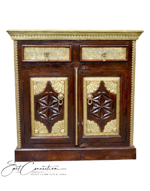 Carved Indian Timber & Brass Sideboard Cabinet
