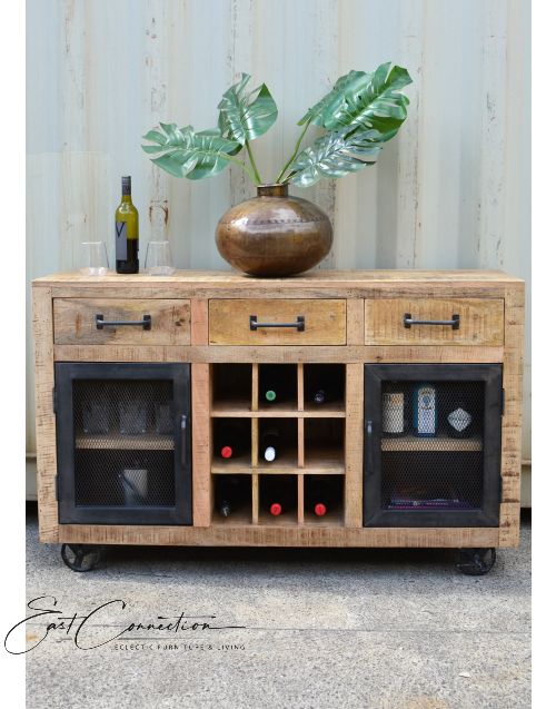 Vintage Industrial Timber & Metal Mesh Door Sideboard