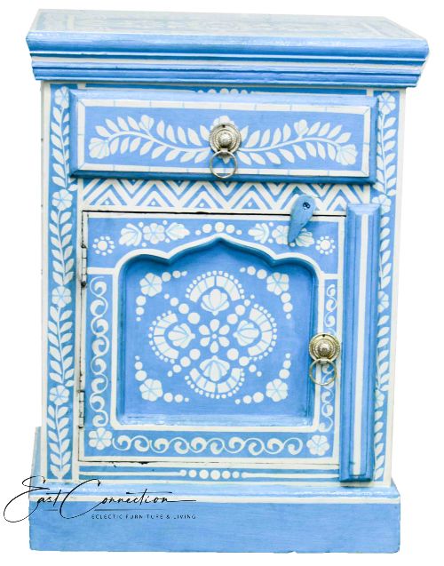 Blue Hand Painted Bone Inlay Bed Side Table