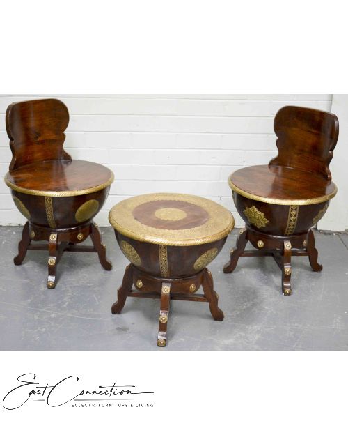 Indian Embossed Brass Moroccan Table & Chair Set
