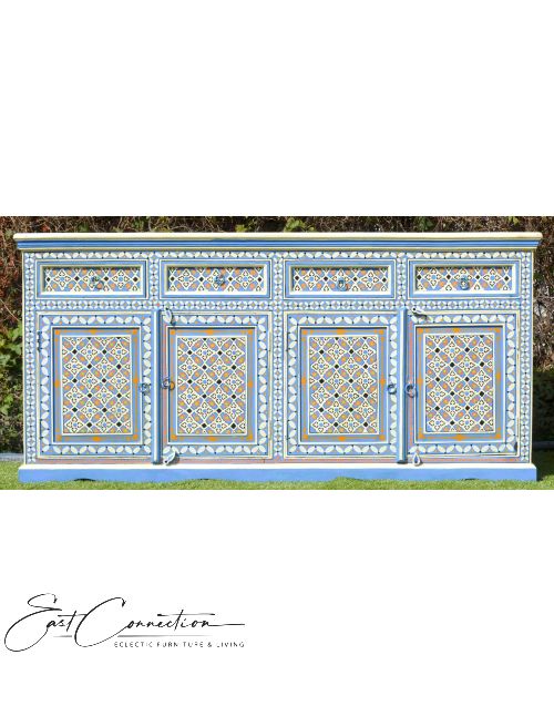 Blue Hand Painted Moroccan Geometric Pattern Buffet Sideboard