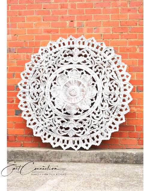 White Round Hand Carved Antique Timber Wall Art