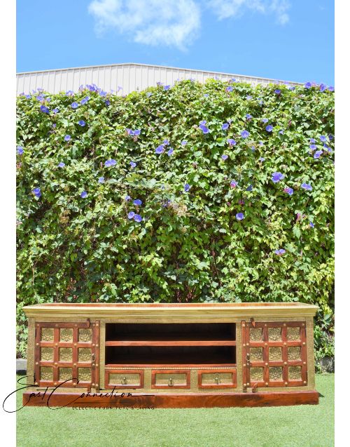 Indian Embossed Brass Tile Entertainment Unit 