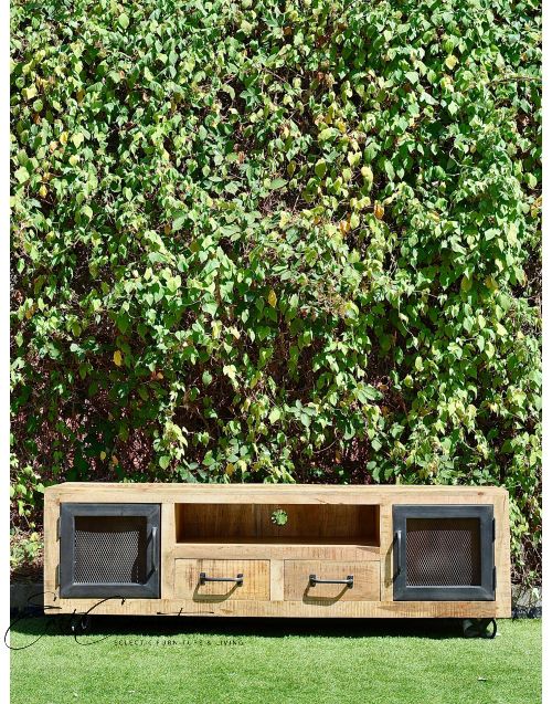 Vintage Industrial Metal Wire Door Timber Entertainment TV Unit