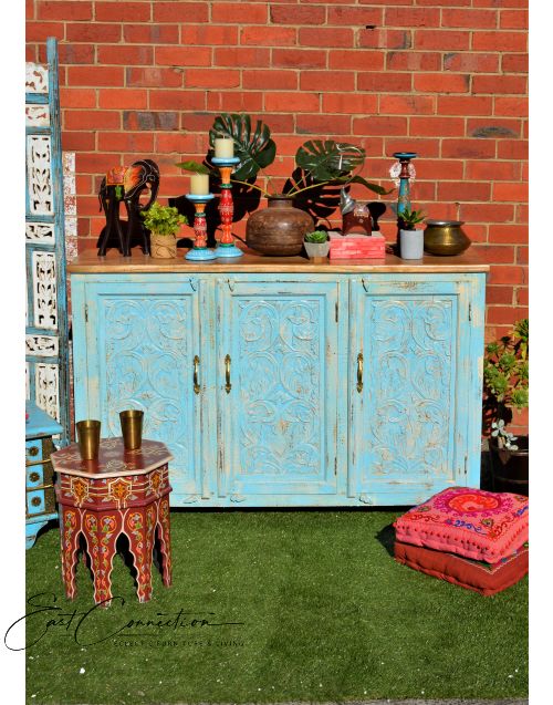 Blue Teak Top Hand Carved French Provincial Buffet Sideboard