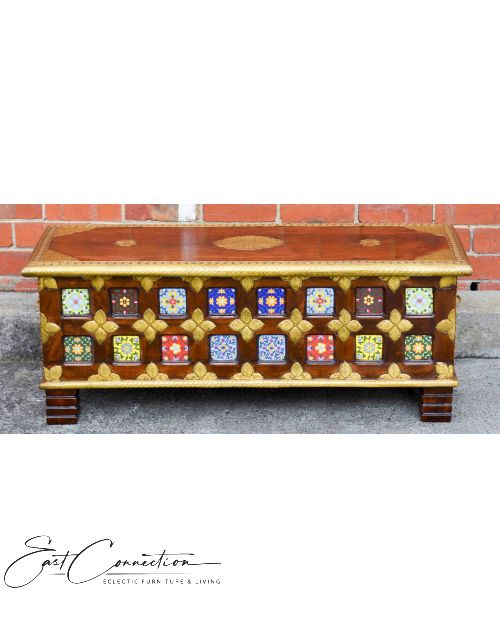 Indian Antique Brass Moroccan Tile Blanket Box