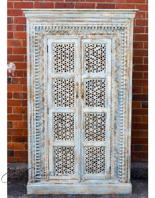 Distressed Blue Hand Carved Timber Wardrobe Storage Cabinet