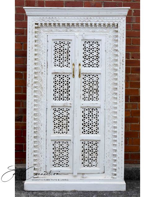 Distressed WhiteHand Carved Timber Wardrobe Storage Cabinet