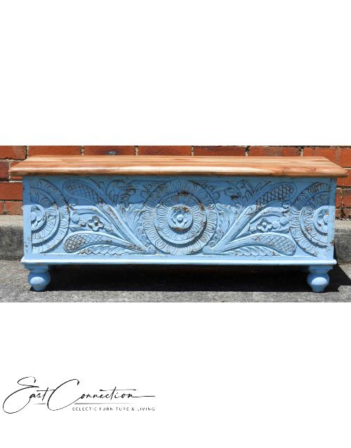 Hand Carved Distressed Blue Floral Blanket Box