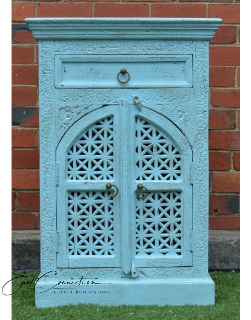 Sandblasted Blue Hand Carved Bedside Cabinet