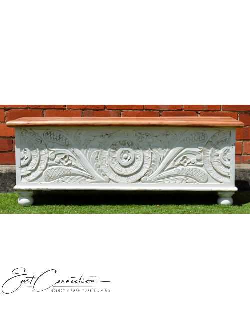 Hand Carved Distressed White Floral Blanket Box