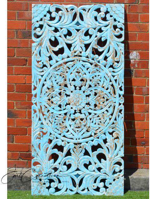 Antique Timber Bright Blue Hand Carved Bedhead Wall Art