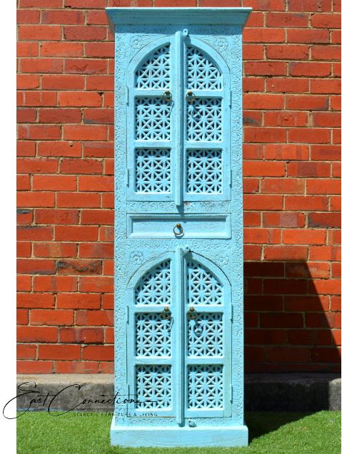 Sandblasted Blue Hand Carved Mehrab Tall Cabinet