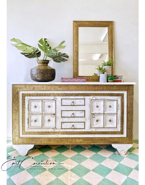 Vintage White Moroccan Brass Indian Timber Sideboard