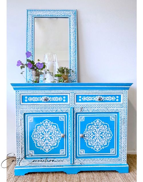 Blue Hand Painted Bone Inlay Sideboard