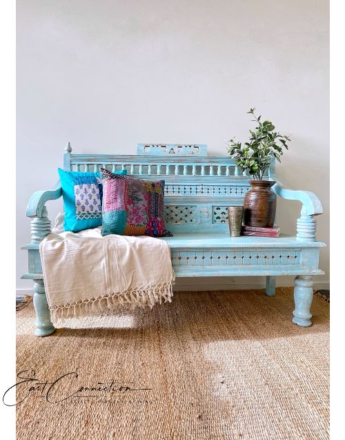 Vintage Blue Rustic Hand Carved Timber Indian Bench