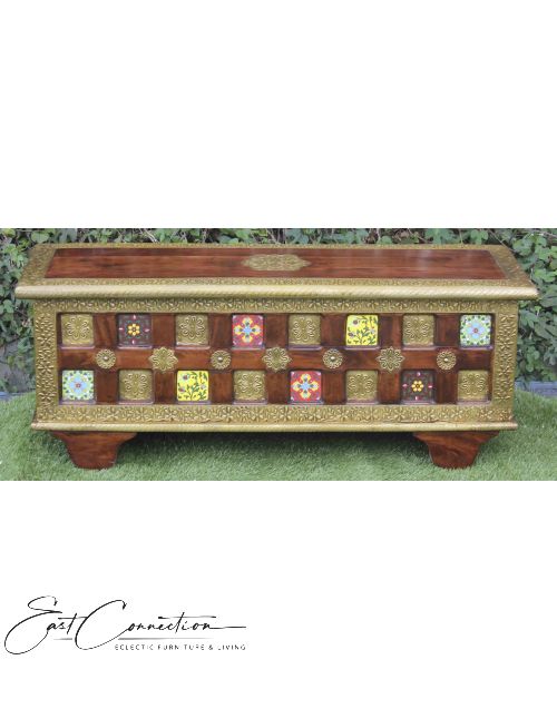 Antique Indian Brass Moroccan Tile Blanket Box