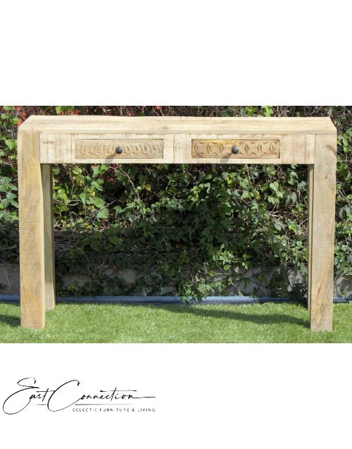 Scandinavian Timber Handcarved Two Drawer Console Hall Table