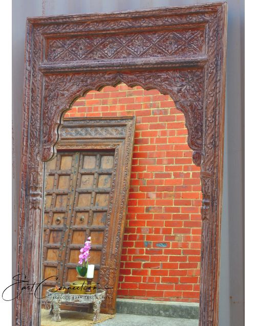 Whitewashed Indian Vintage Timber Mehrab Large Antique Mirror
