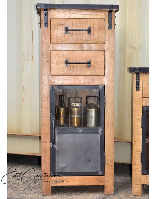 Vintage Industrial Metal Glass Door Tallboy Timber Display Cabinet