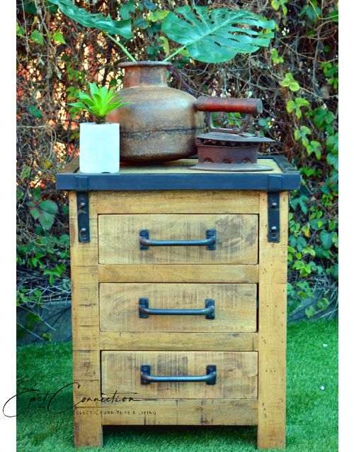 Vintage Industrial Timber & Metal Bedside Drawer Unit