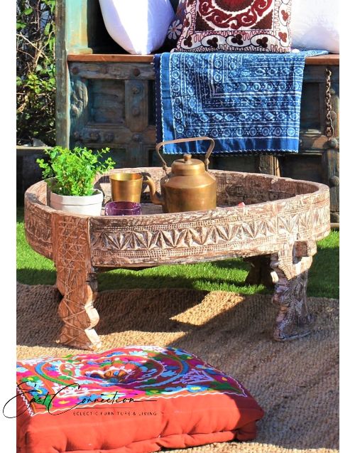 Whitewashed Antique Timber Handcarved Chakki Stool