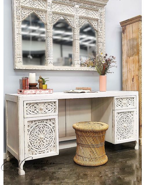 White French Provincial Shabby Chic Mandala Carved Desk