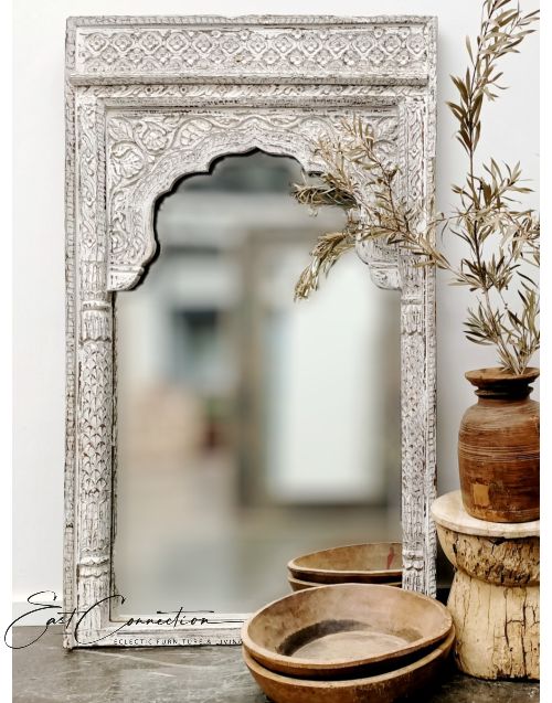 White Vintage Indian Mehrab Antique Mirror