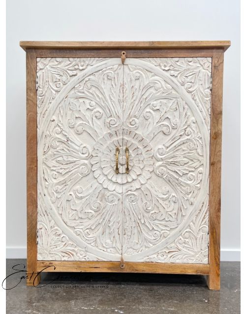 Shabby Chic Hand Carved White Mandala Door TImber Storage Cabinet