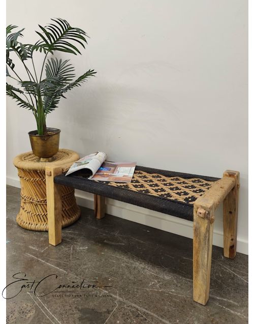 Timber Indian Handwoven Jute & Black Charpoy Bench