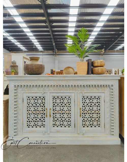 Distressed Grey Hand Carved Timber Sideboard Cabinet